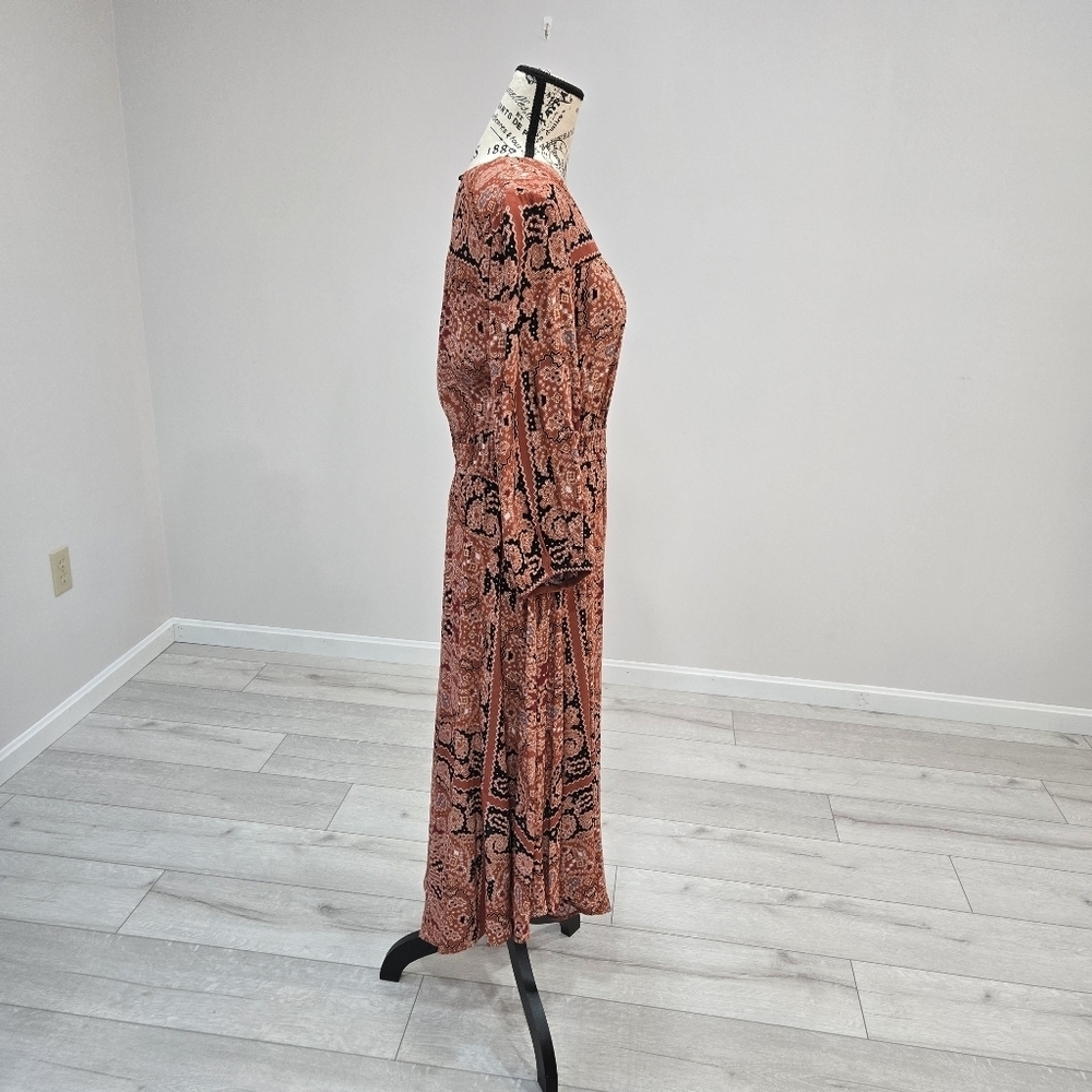 Nurture Paisley Midi Dress Medium Boho Rust Terracotta Elastic Waist V Hem - Picture 3 of 10